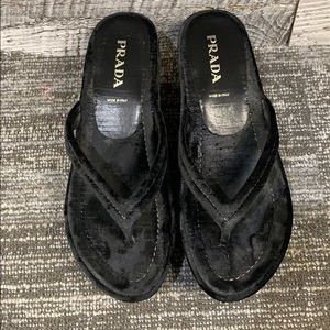 Black Velvet Prada Wedge Flip Flops